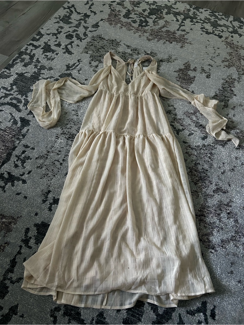 Lush Cream Tiered Maxi Dress with Long Sheer Tie Back